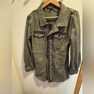 Sweet Rain Women's Embellished Green Military Jacket Army Green Size Largr EUC